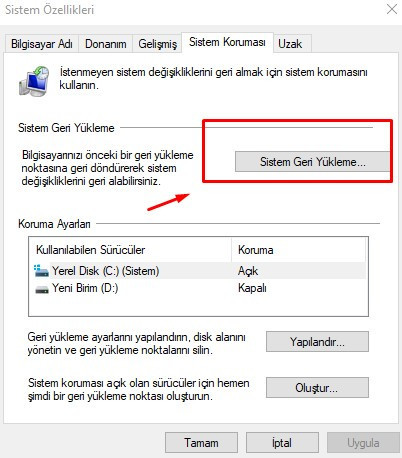 sistem geri yukleme
